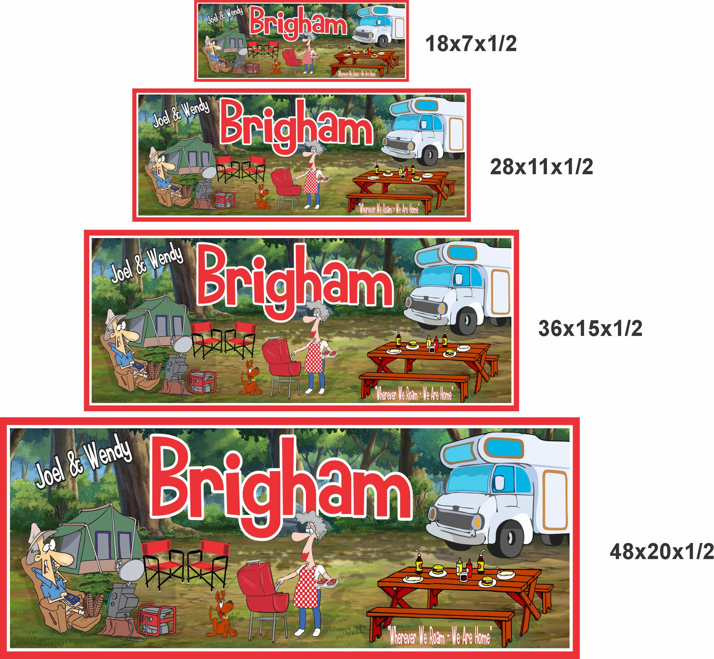 Personalized camping sign shown in four available sizes for scale comparison