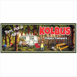 Personalized camping sign with camper illustration and custom family name printed on rigid PVC