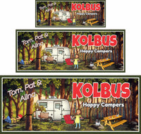 Personalized RV sign with a man in a hammock, woman barbecuing, and choice of pet, featuring editable text