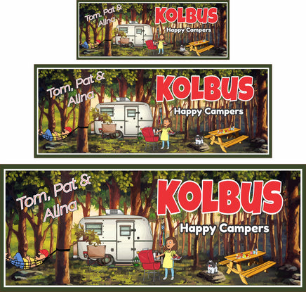 Personalized RV sign with a man in a hammock, woman barbecuing, and choice of pet, featuring editable text