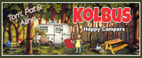 Personalized RV sign with a man in a hammock, woman barbecuing, and choice of pet, featuring editable text