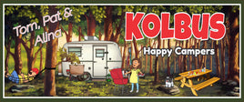 Personalized RV sign with a man in a hammock, woman barbecuing, and choice of pet, featuring editable text