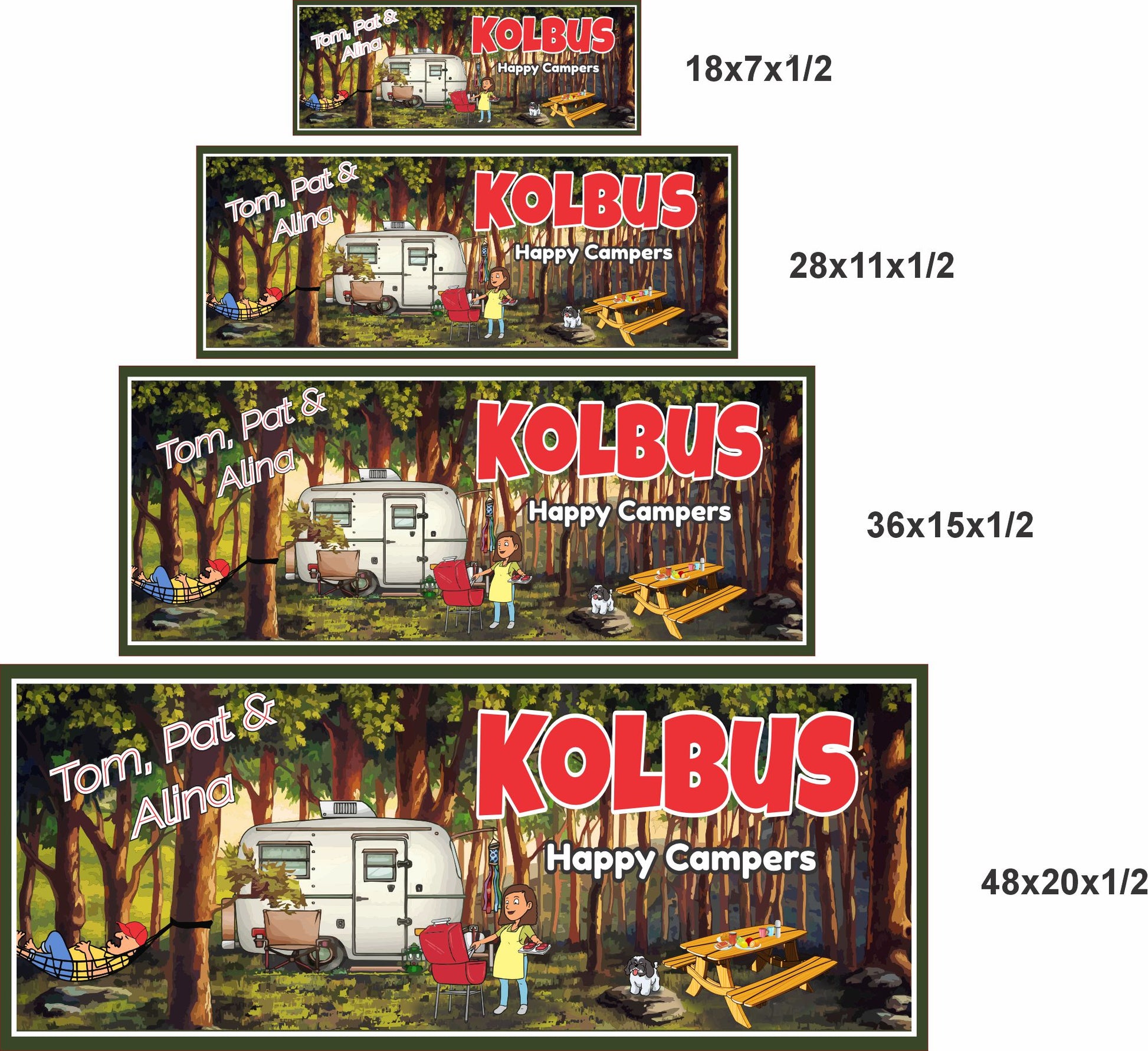 Personalized camper sign shown in four available sizes for scale comparison