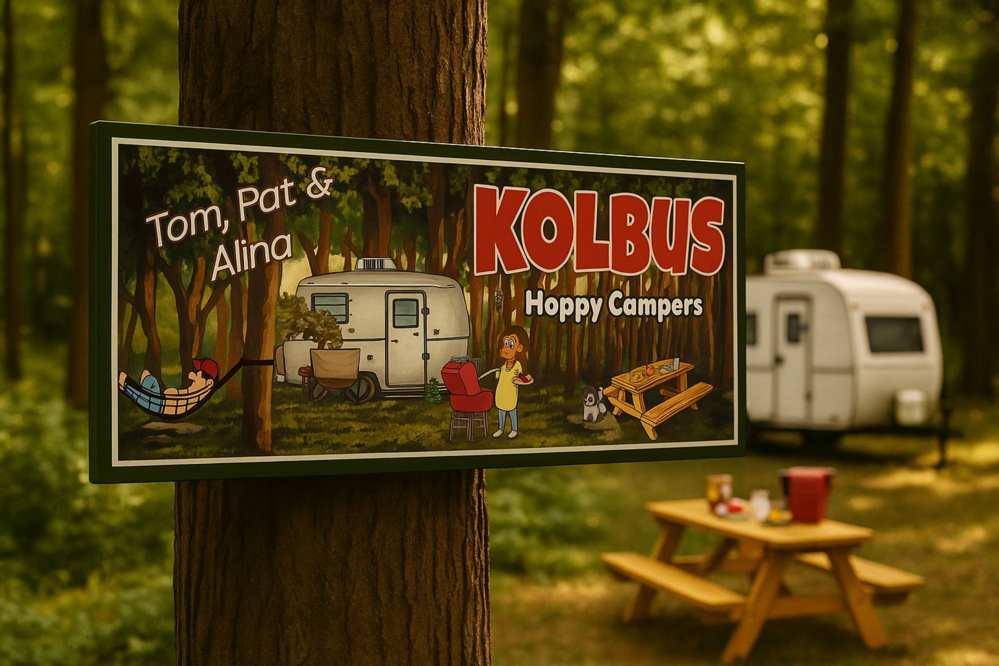 Custom camping sign displayed at a campsite near an RV and picnic table