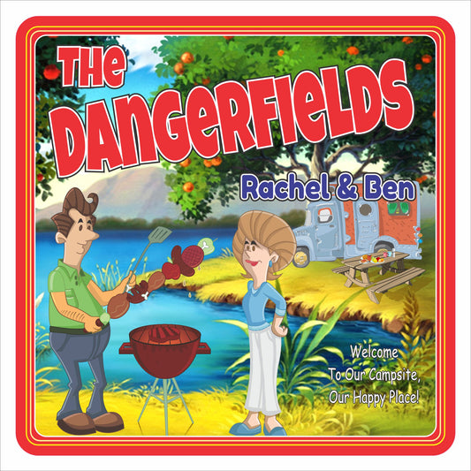 Personalized camping BBQ sign with illustrated couple grilling at a campsite, printed on vinyl and mounted on PVC