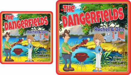 Personalized RV sign with a cartoonish couple grilling at a campsite, featuring editable text