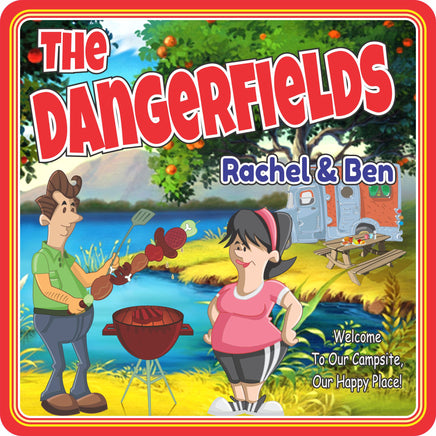 Personalized RV sign with a cartoonish couple grilling at a campsite, featuring editable text