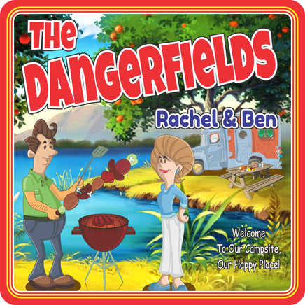 Personalized RV sign with a cartoonish couple grilling at a campsite, featuring editable text