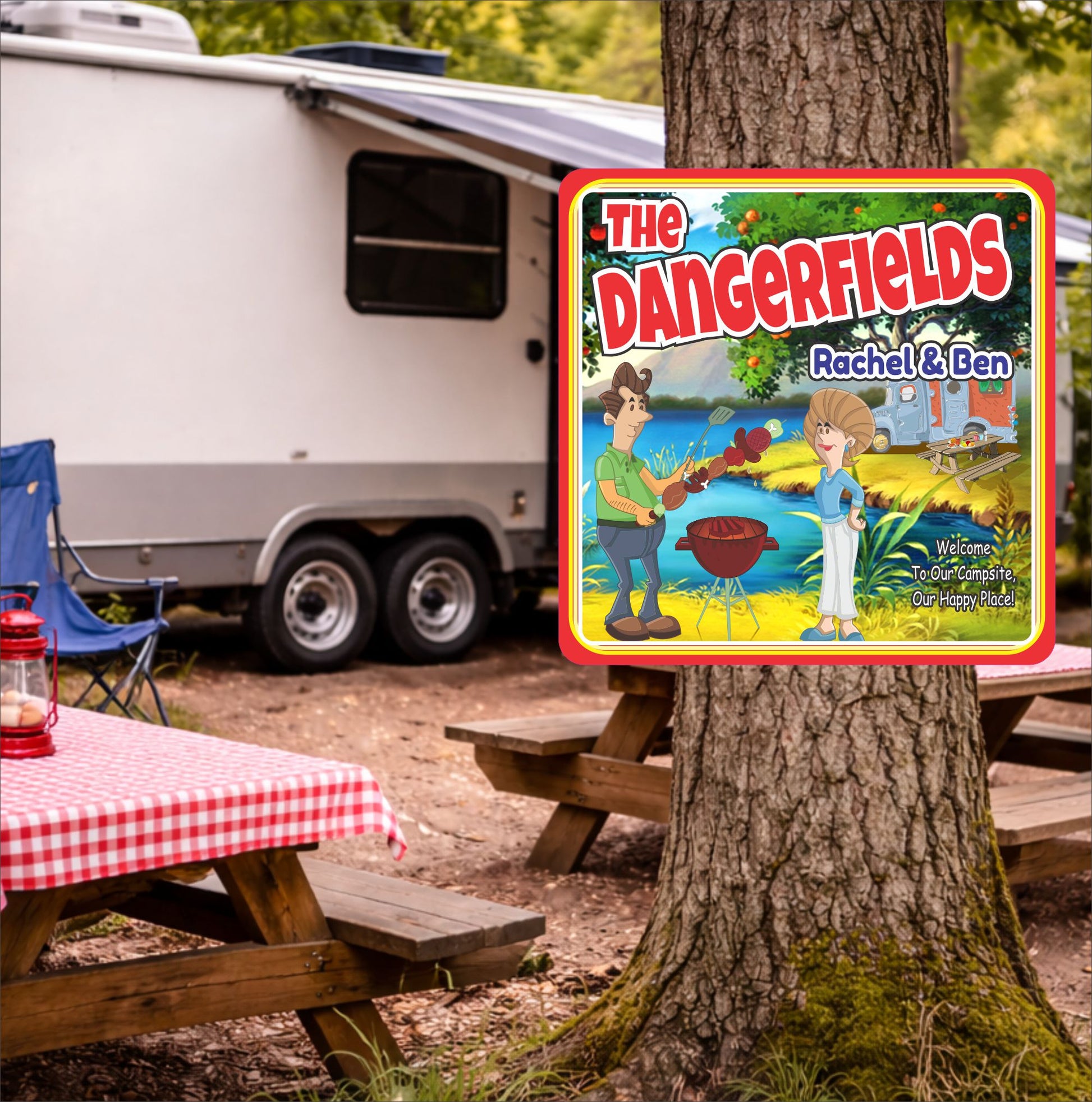 Personalized campsite sign displayed outdoors near an RV and picnic table at a campground