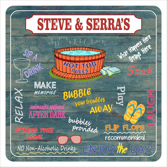 Personalized hot tub rules sign with colorful text and spa icons on a rustic wood background