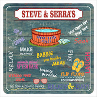 Personalized hot tub rules sign with colorful text and spa icons on a rustic wood background