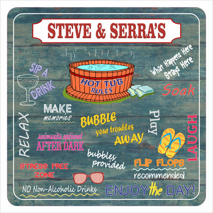 Personalized hot tub rules sign with colorful text and spa icons on a rustic wood background