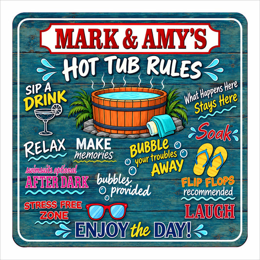 Product: Personalized square Hot Tub Rules sign with colorful spa sayings, hot tub illustration and custom names.