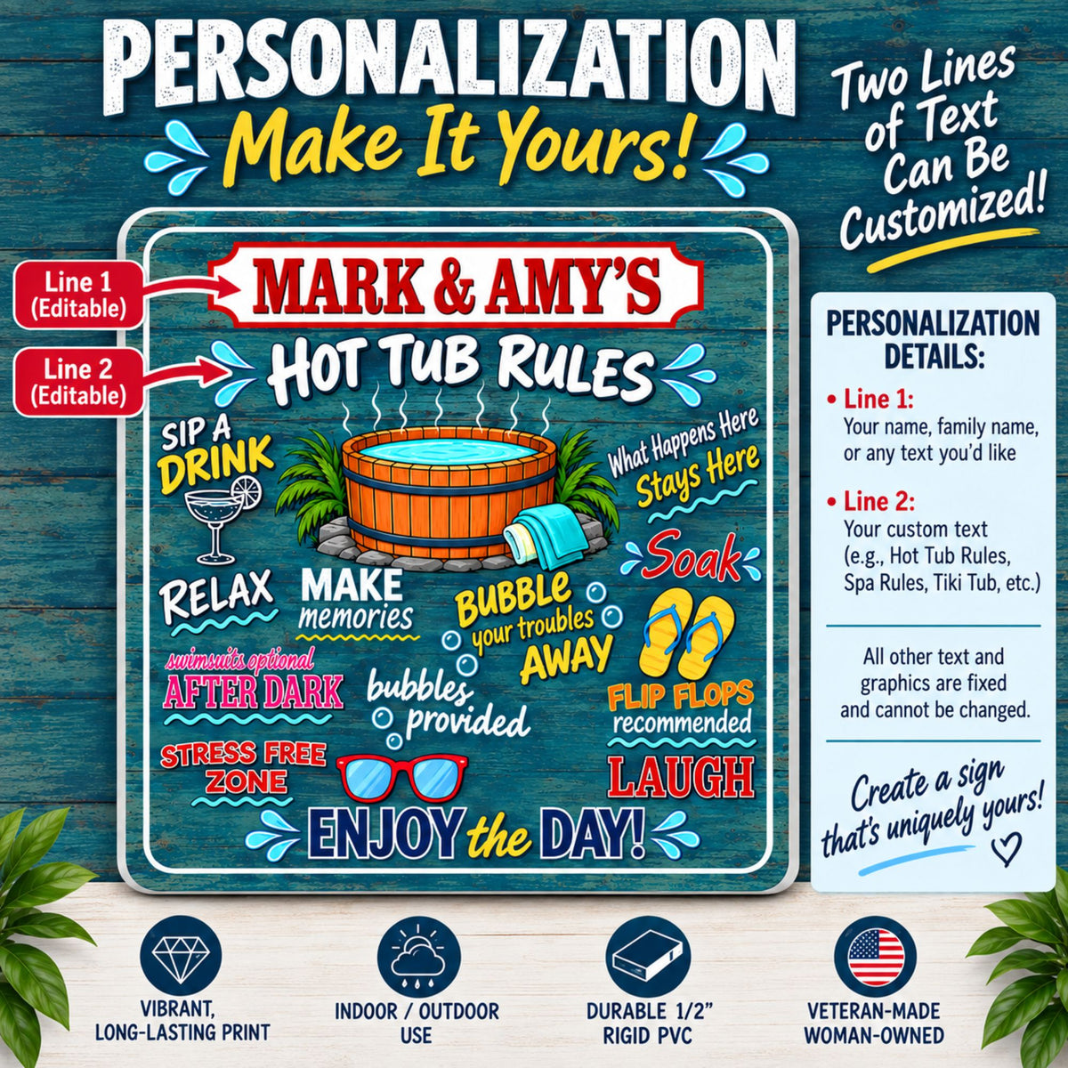 Personalization guide showing the two customizable text lines at the top of the Hot Tub Rules sign.
