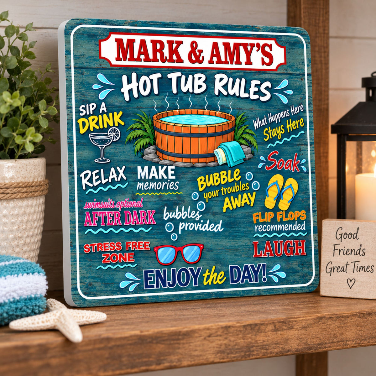 Personalized Hot Tub Rules sign displayed in a relaxing hot tub and backyard spa setting.