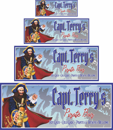Personalized pirate bar sign with editable text, featuring a pirate holding a rum bottle and a pirate ship silhouette background