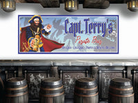 Personalized pirate bar sign with editable text, featuring a pirate holding a rum bottle and a pirate ship silhouette background