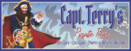 Personalized pirate bar sign with editable text, featuring a pirate holding a rum bottle and a pirate ship silhouette background