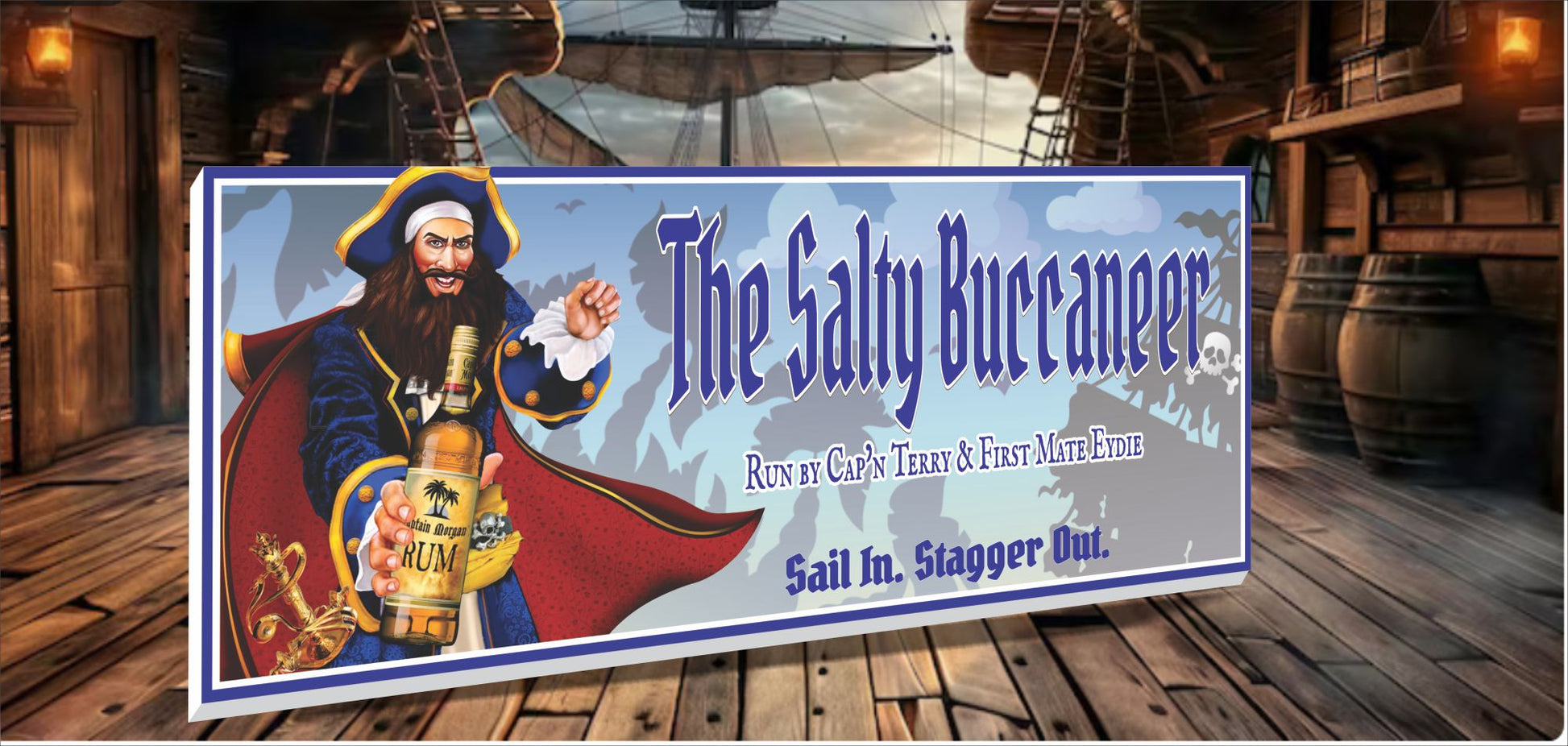Personalized pirate bar sign displayed indoors on wooden floor background