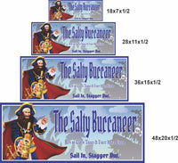Personalized pirate bar sign shown in four available sizes from 18x7 to 48x20 inches