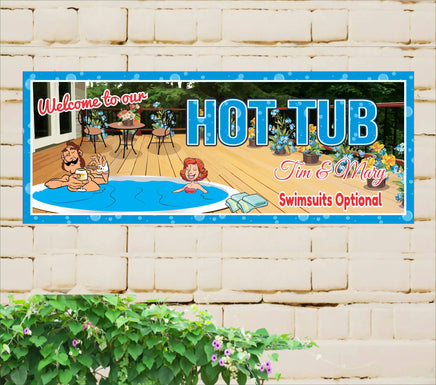 Custom hot tub sign featuring a sunken deck oasis with drinks and lush floral surroundings, with editable text