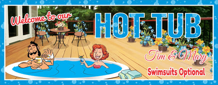 Custom hot tub sign featuring a sunken deck oasis with drinks and lush floral surroundings, with editable text
