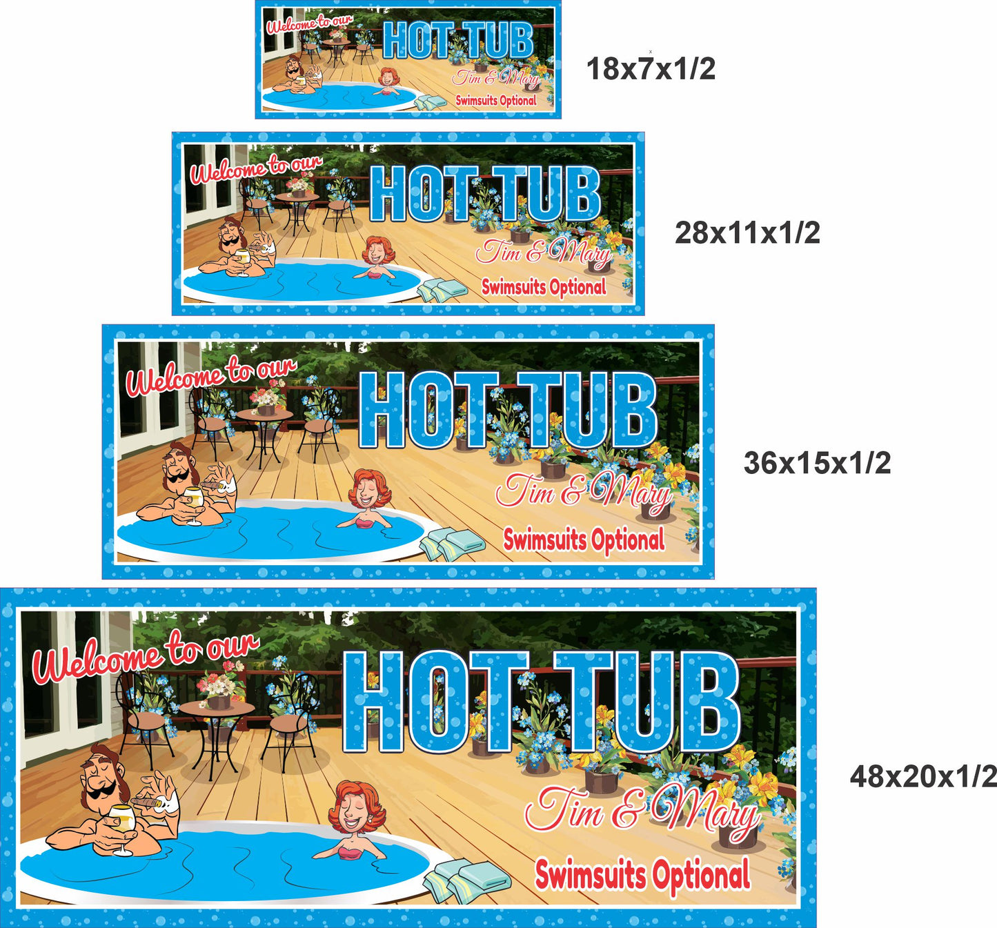 Personalized hot tub sign shown in four available sizes for backyard or patio display