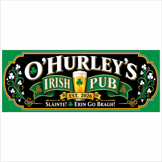 Custom Irish pub sign featuring a black background, green outer edge, decorative gold border, shamrocks, beer glass, and four editable text lines.