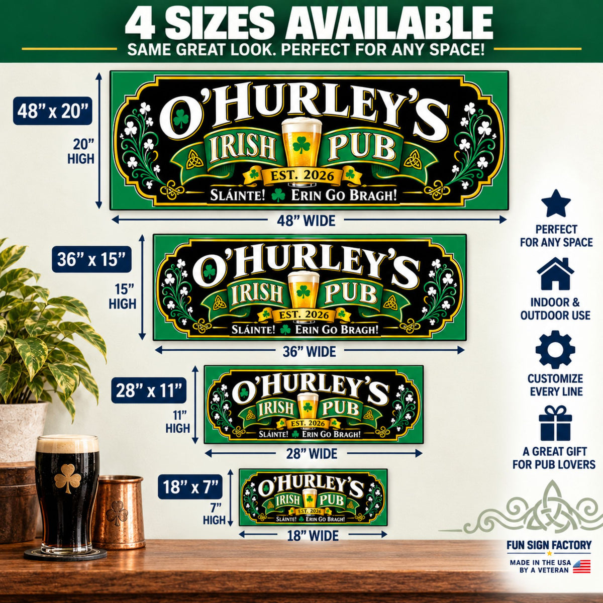 Irish pub sign in 48×20, 36×15, 28×11, and 18×7-inch sizes with width and height arrows on an ivory background.