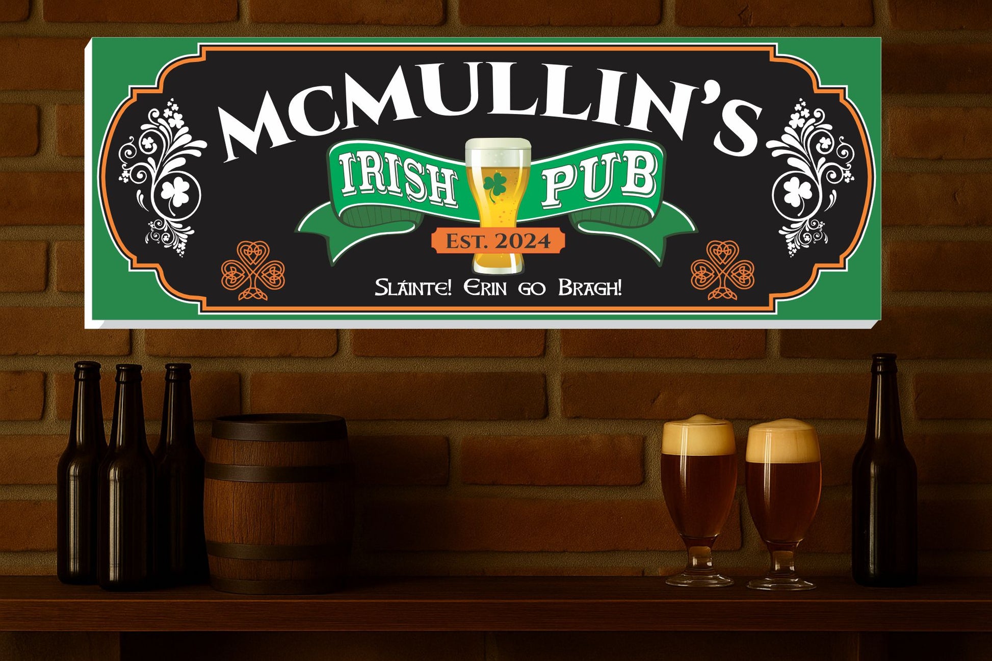 Custom Irish pub sign displayed above a home bar with beer glasses and pub decor