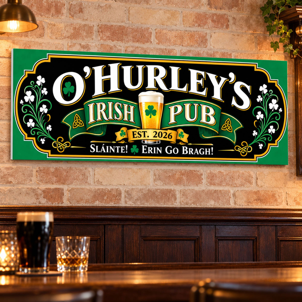 Personalized Irish pub sign mounted on a warm brick wall above dark wood paneling and a bar counter.