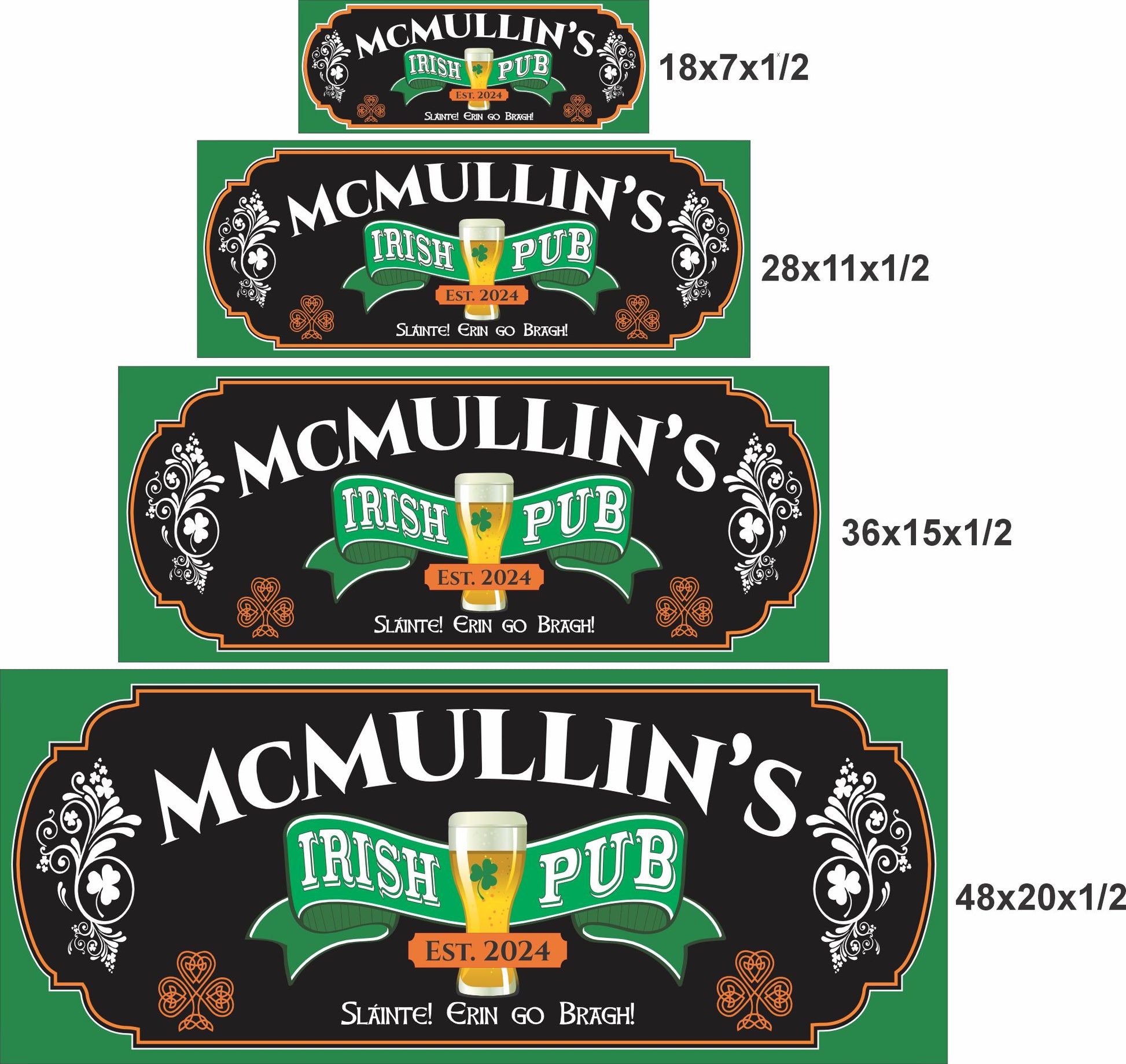 Personalized Irish pub sign shown in four available sizes for scale comparison