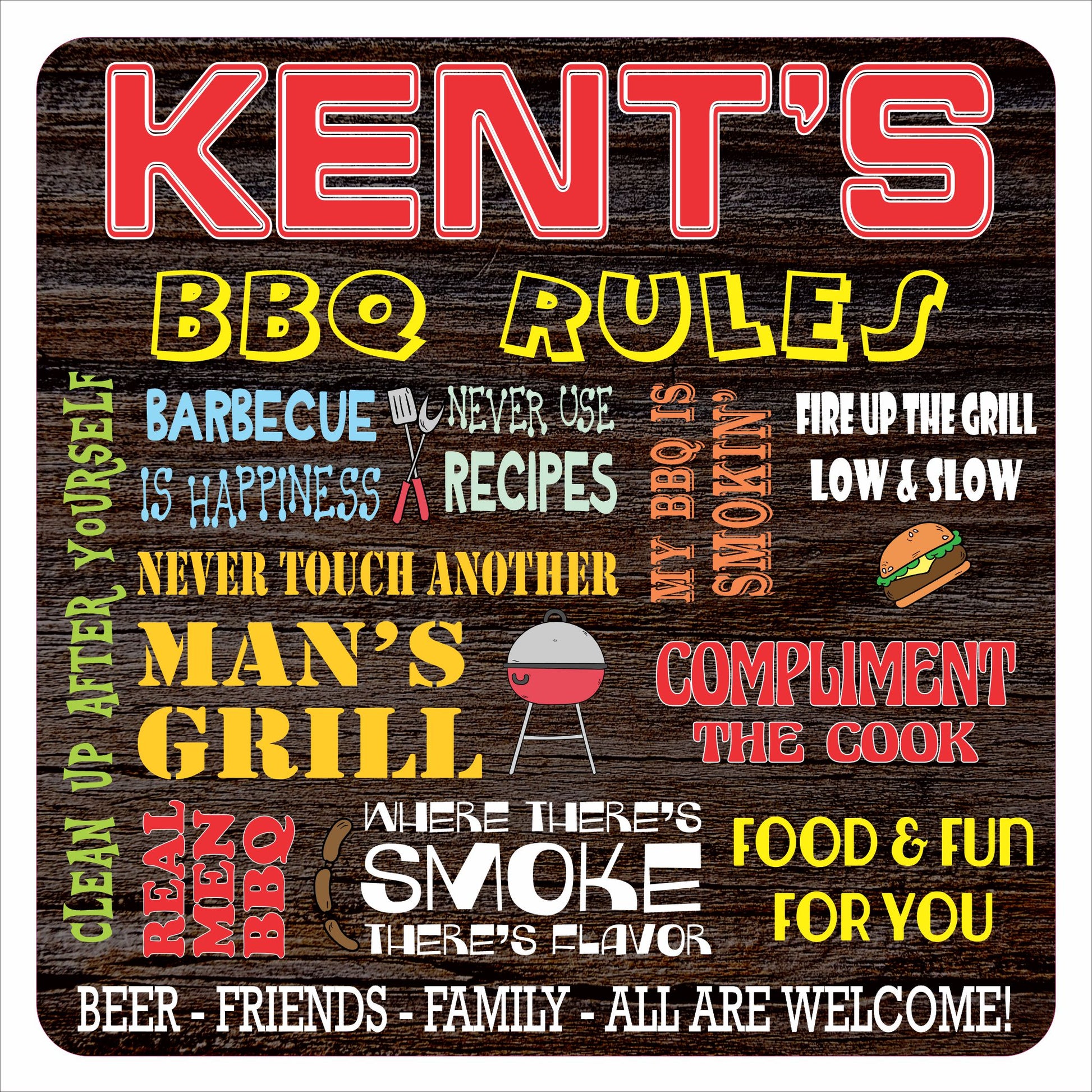 Personalized BBQ rules sign with colorful text and grilling icons on a rustic wood background