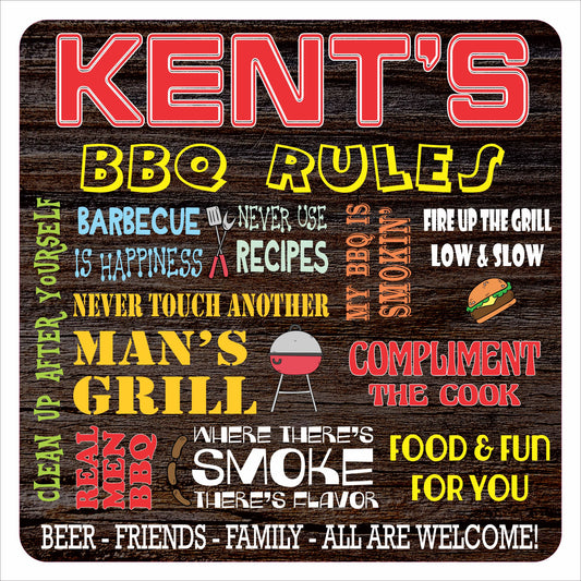 Personalized BBQ rules sign with colorful text and grilling icons on a rustic wood background