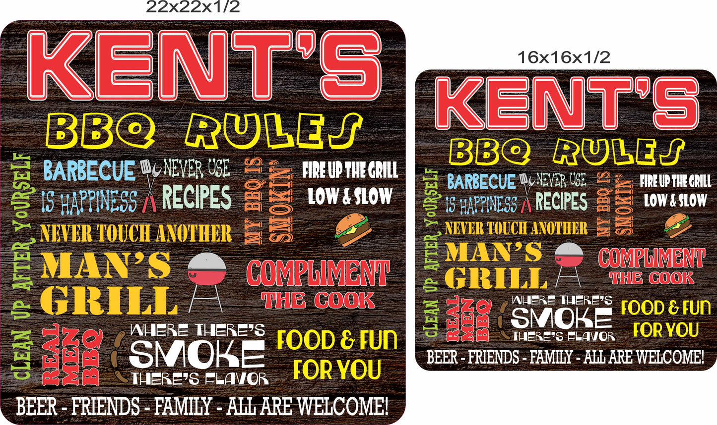 BBQ rules sign shown in 12x18 and 16x22 inch size options