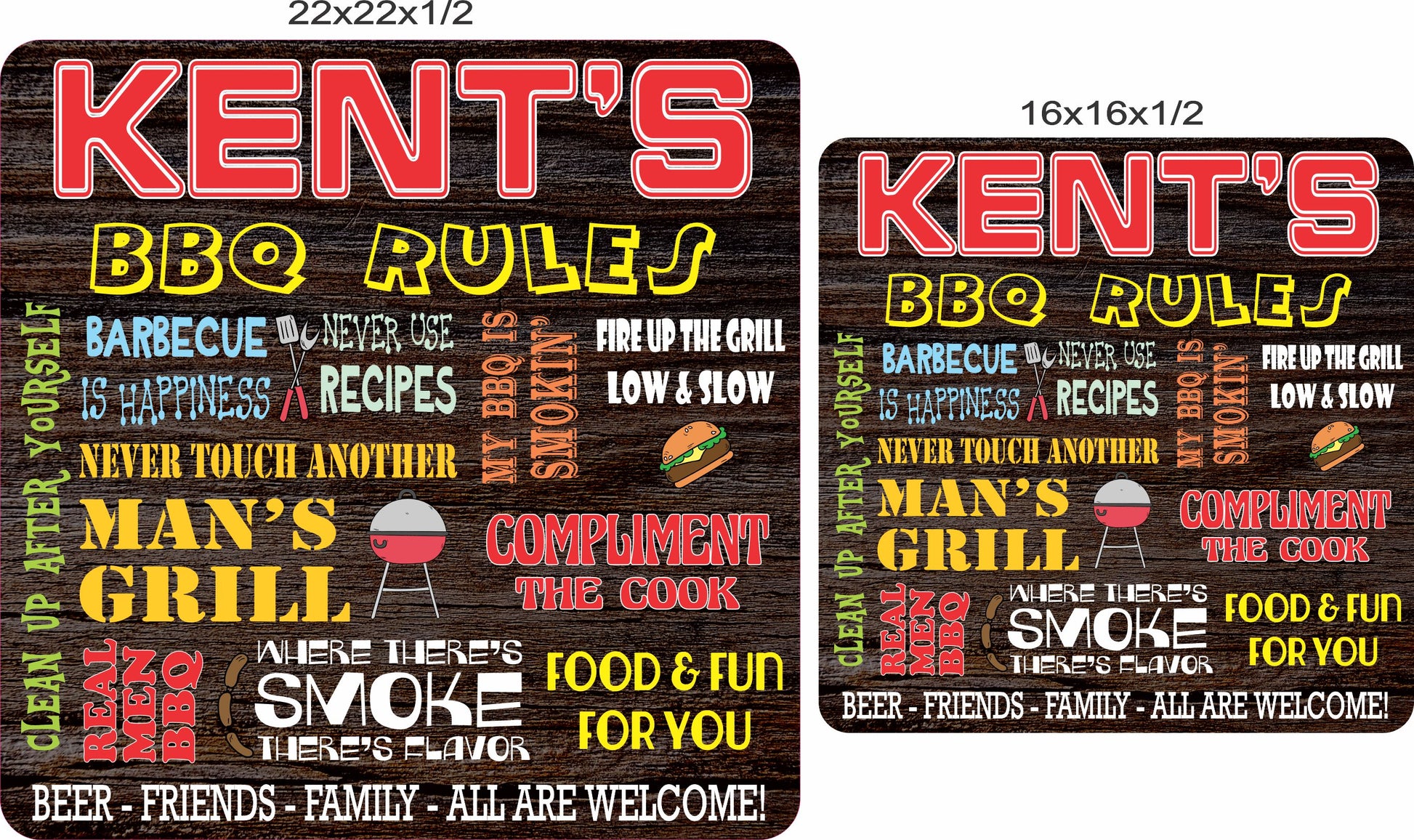 BBQ rules sign shown in 12x18 and 16x22 inch size options