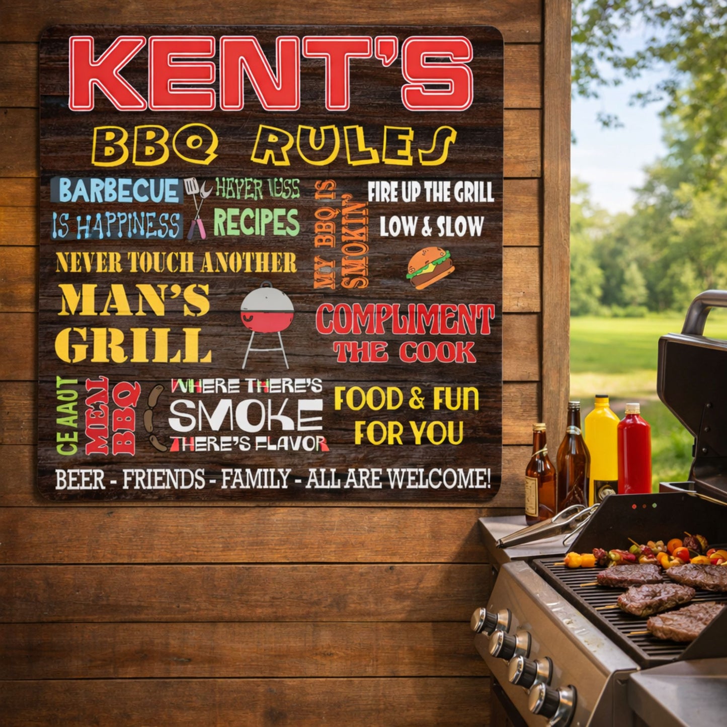 Personalized BBQ rules sign displayed on an outdoor wall beside a backyard grill