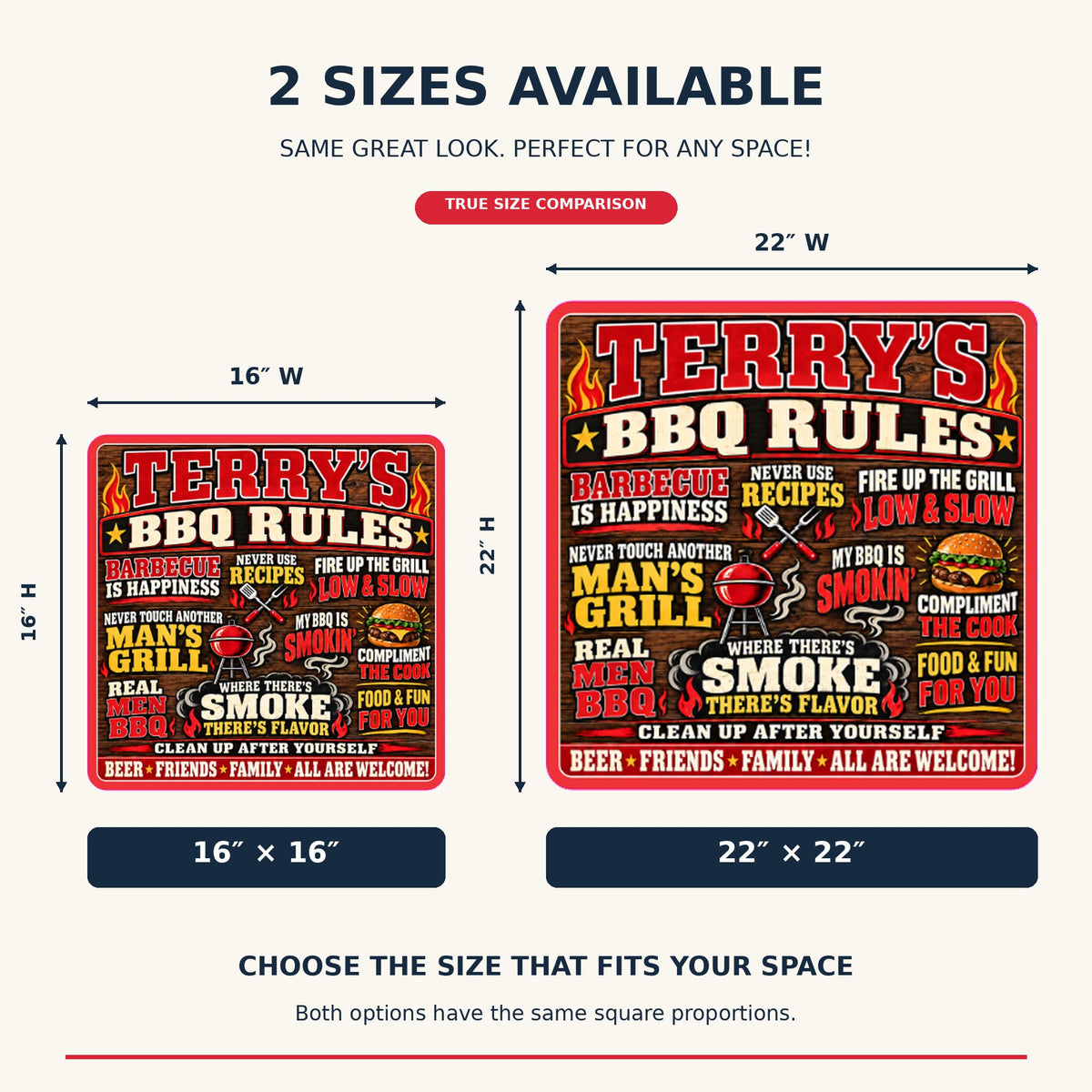 BBQ Rules sign size guide comparing 16×16 and 22×22 inch square signs with width and height measurements.
