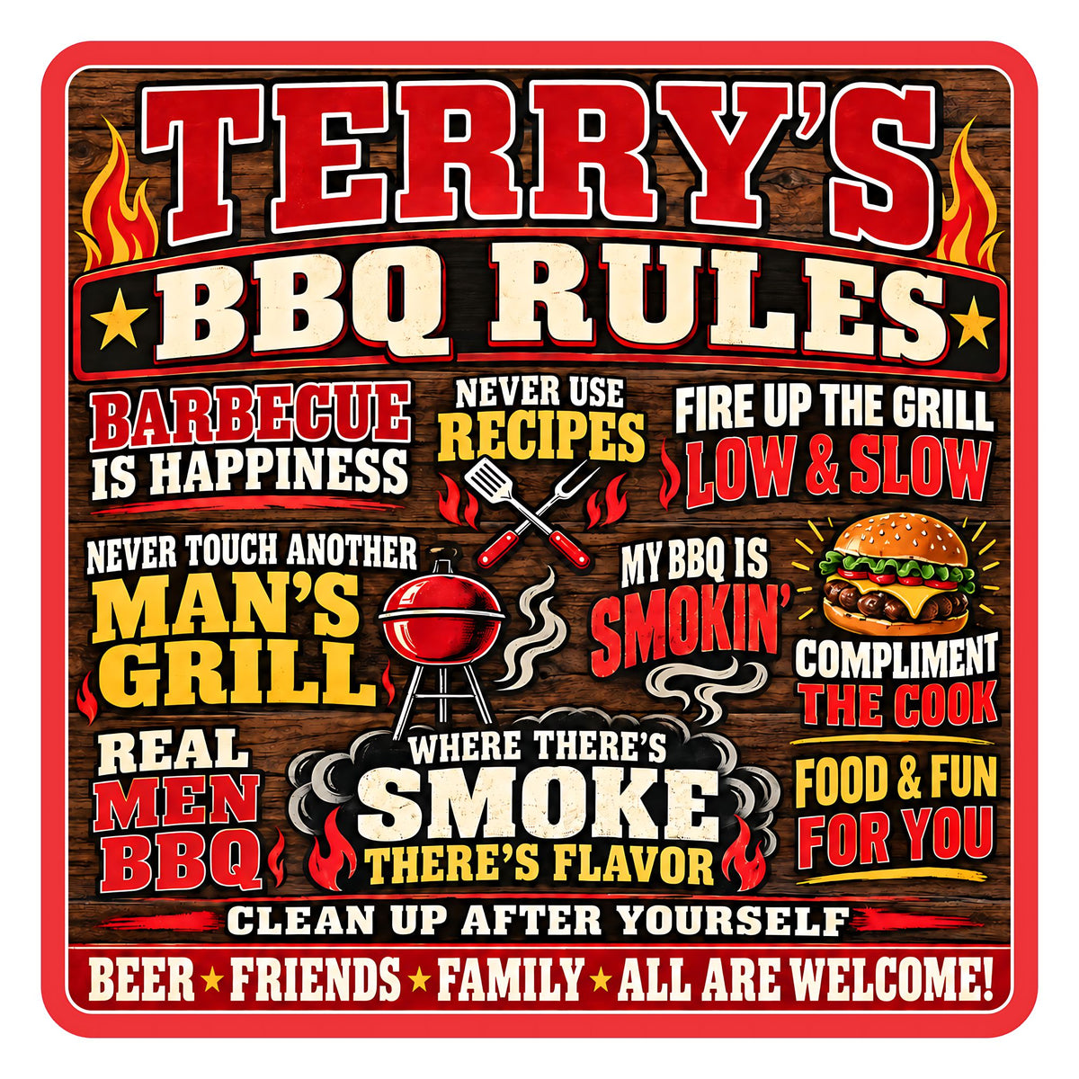 Personalized BBQ Rules sign with a red border, rustic wood-look background, bold lettering, flames, grill graphics, and humorous barbecue sayings.