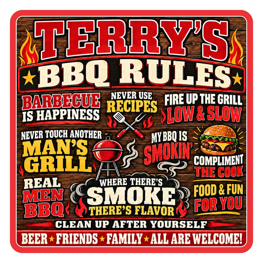 Personalized BBQ Rules sign with a red border, rustic wood-look background, bold lettering, flames, grill graphics, and humorous barbecue sayings.