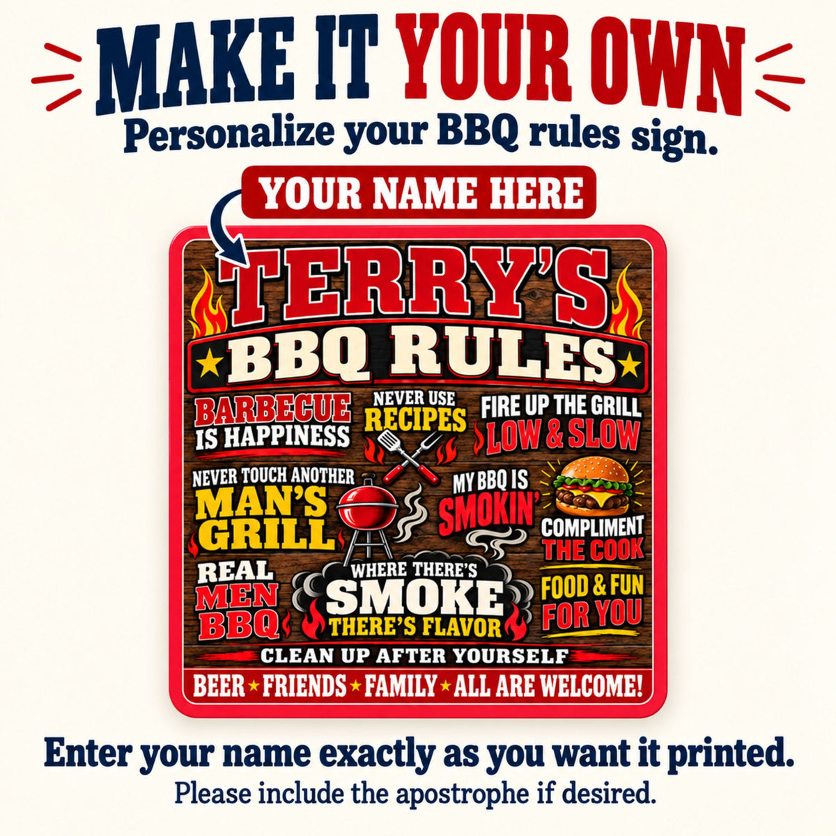 BBQ Rules sign personalization guide highlighting the editable name at the top and asking customers to include an apostrophe if desired.
