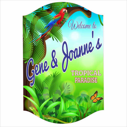 Personalized tropical paradise welcome sign with custom family name and jungle design