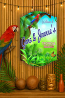 Custom Personalized Tropical Paradise Sign with Lush Plants, Parrot, Butterfly & Lizard