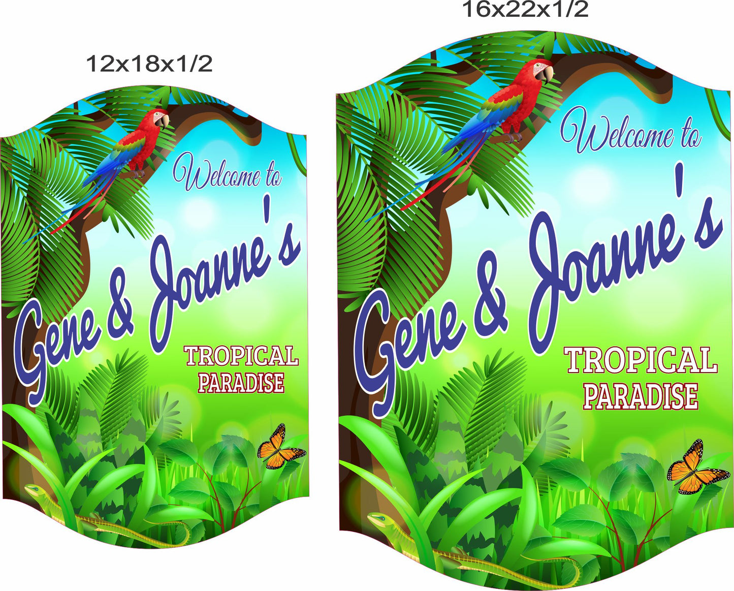 Tropical paradise sign shown in 12x18 and 16x22 size options for scale reference