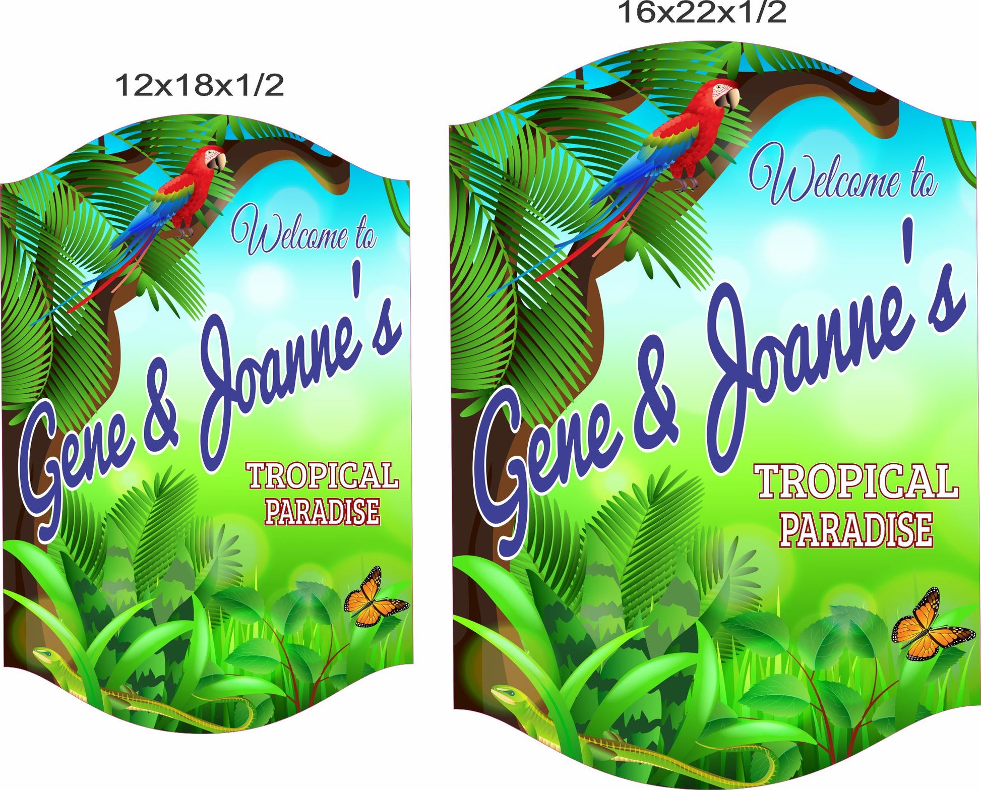 Tropical paradise sign shown in 12x18 and 16x22 size options for scale reference