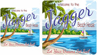 Custom personalized beach house welcome sign with blue skies, golden sands, azure waters, swaying palm trees, and a sailboat, featuring editable text