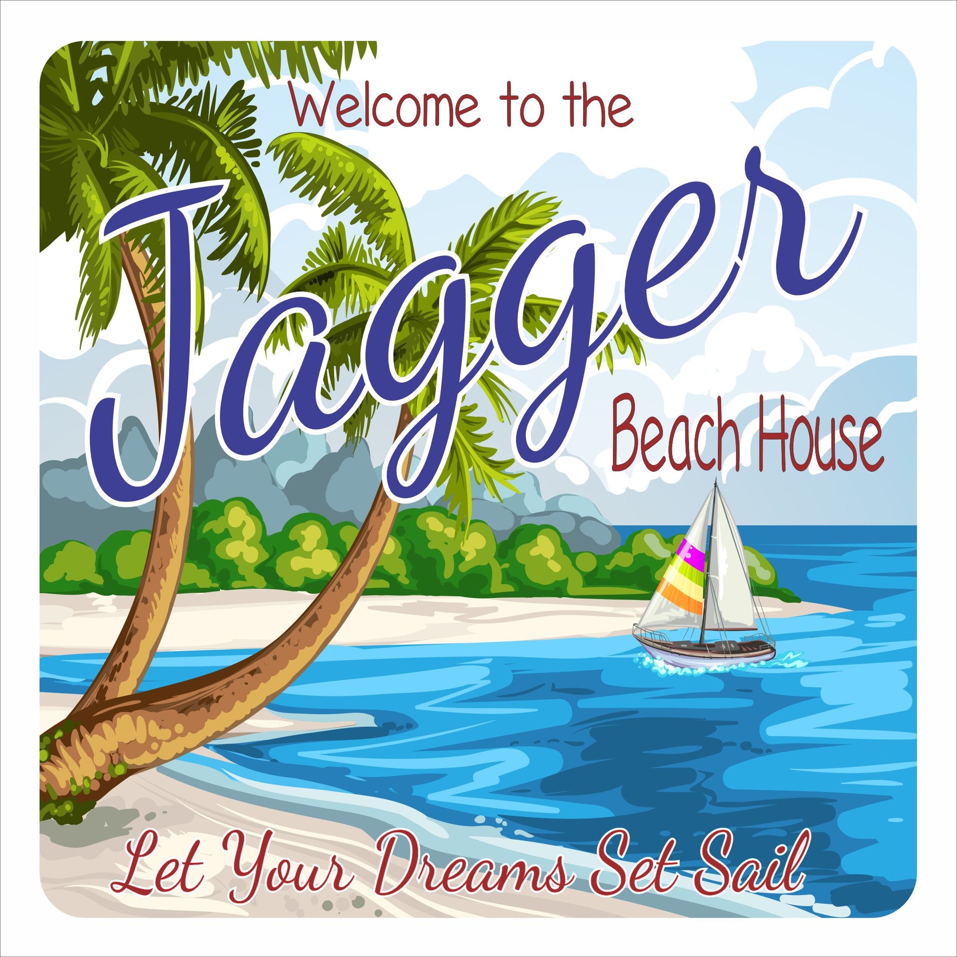 Personalized beach house wall sign with palm trees, sailboat, ocean water, and customizable family name printed on vinyl mounted to PVC