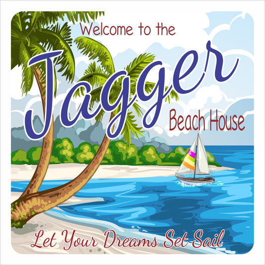 Personalized beach house wall sign with palm trees, sailboat, ocean water, and customizable family name printed on vinyl mounted to PVC