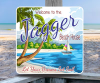 Custom personalized beach house welcome sign with blue skies, golden sands, azure waters, swaying palm trees, and a sailboat, featuring editable text