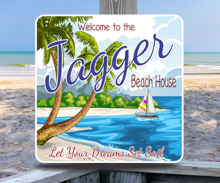Custom personalized beach house welcome sign with blue skies, golden sands, azure waters, swaying palm trees, and a sailboat, featuring editable text